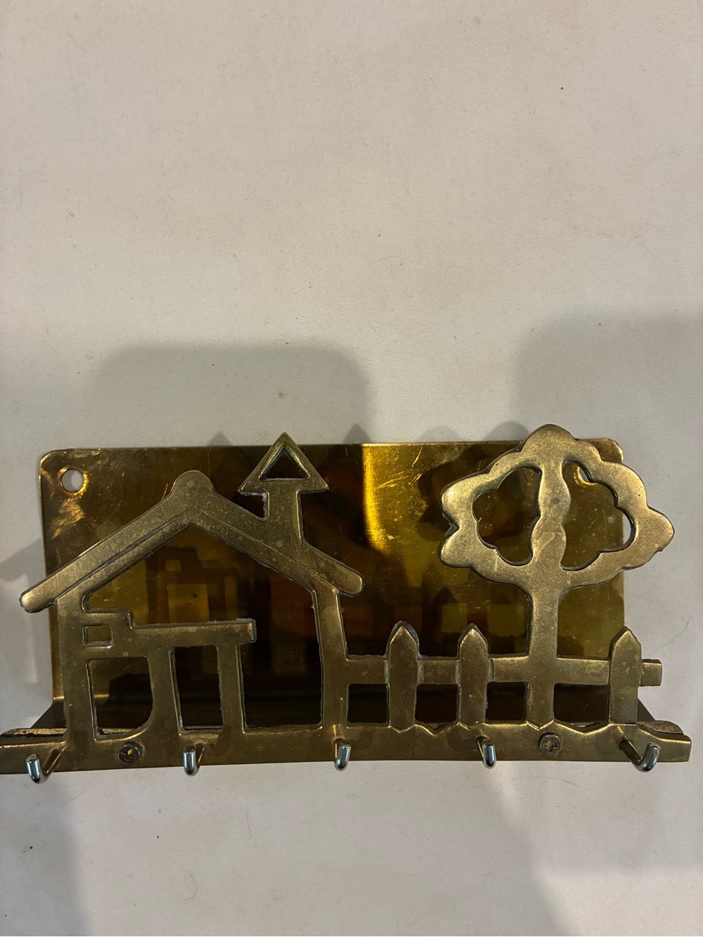 Brass House & Tree Wall Key Rack 5 Places for keys or tools to hang- very heavy